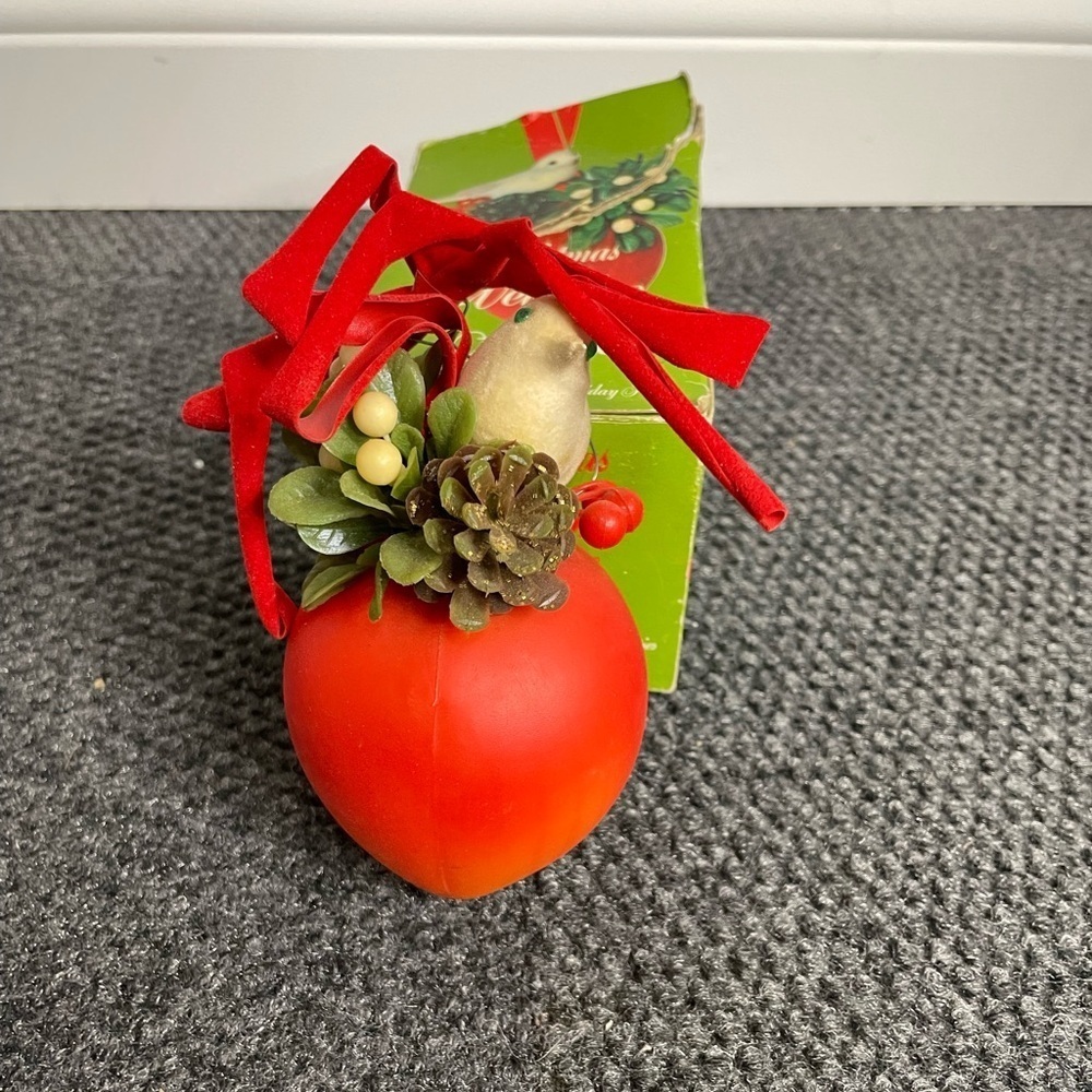 Vintage MCM Plastic Apple Bird Christmas Welcome Ornament with Box 1960s 1970s